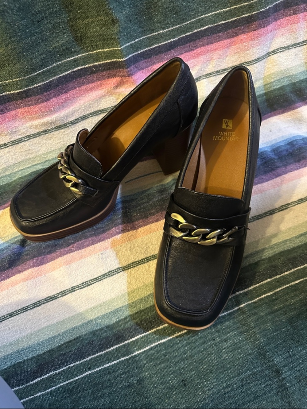 White Mountain Black Leather Chain-Trim Block Heels